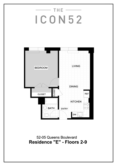 Floor plan for 1 bed, 1 bath, 654 sqft